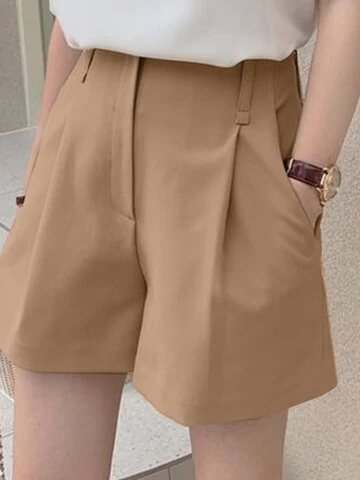 Women Solid Zip Front Pocket Wide Leg Shorts 