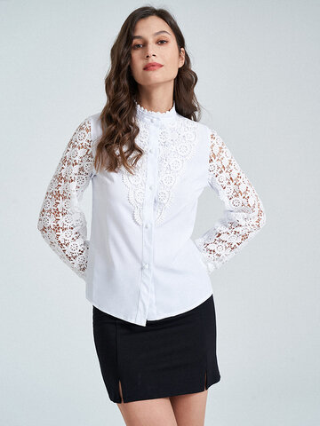 Lace Panel Stand Collar Blouse