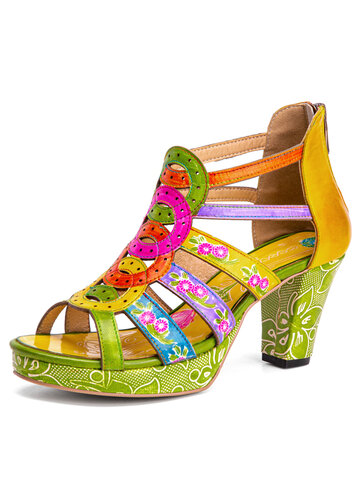SOCOFY Printed Block-heel Sandals