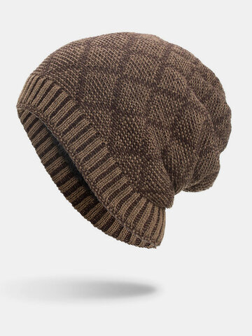 Men Winter Plus Velvet Plaid Pattern Knitted Beanie Hat