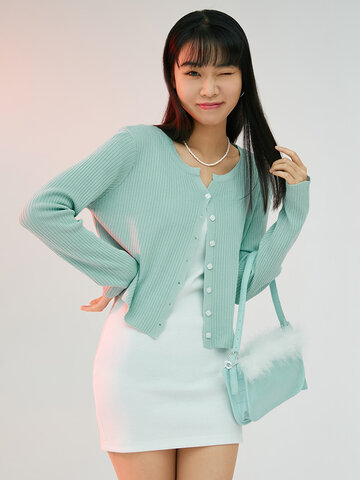 Solid Button Ribbed-knit Long Sleeve Cardigan For Women