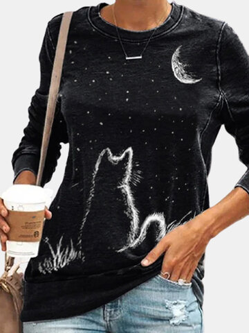 Women Cat Print O-neck T-Shirt