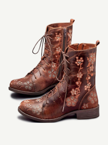 Retro Flowers Embroidered Mid Calf Boots