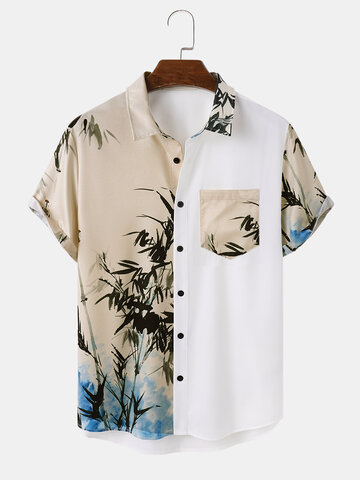 Camisas patchwork com estampa de bambu de tinta