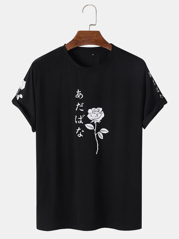 T-Shirt mit japanischen Schriftzeichen und Rosendruck