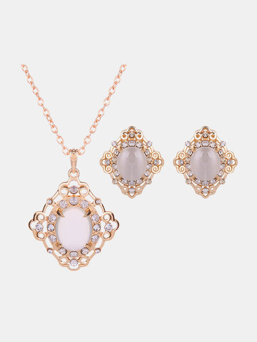 Luxury Jewelry Set Rhinestone Opal Necklace Earrings Set