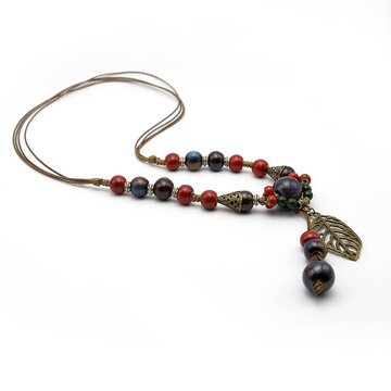 Ethnic Ceramic Beads Leaf Long Necklaces 