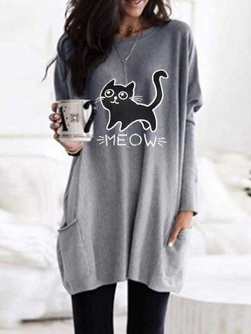 Women’s Cat Print Long Sleeves O-neck Casual Blouse For Women