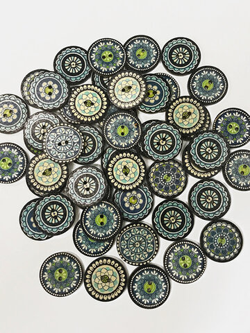 100 pcs Plain Pattern Wooden Round Button Blue Printed Minority Ethnic Style Pattern Decorative Buttons