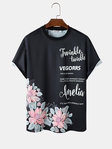 T-shirts à imprimé floral et lettres