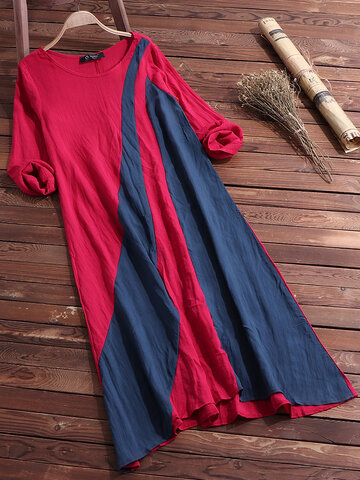 

O-NEWE Vintage Plus Size Contrast Color Patchwork Maxi Dress For Women, Wine red navy coffee