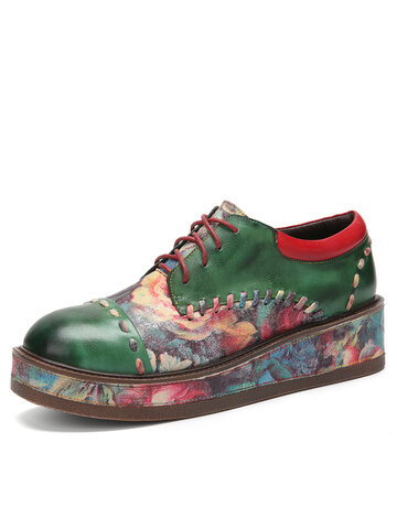 Socofy Leather Handmade Stitching Floral Platforms Sneakers
