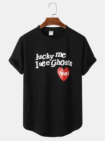 Slogan Heart Print Curved Hem T-Shirts