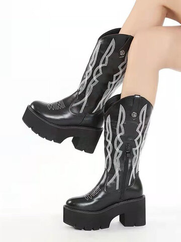 Platform Chunky Heel Embroidered Cowboy Boots