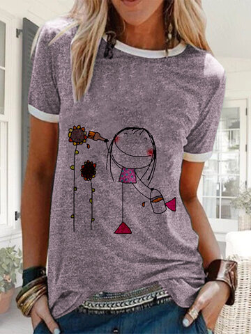 Cartoon Girl Flower Printed Short Sleeve Casual T-shirt