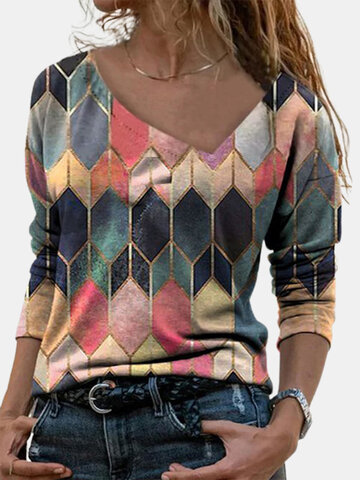 Women Geometry Print Long Sleeve Multi-Color Casual Blouse
