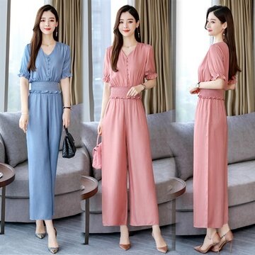 

Season Thin Section Wide Leg Pants Suit Female New High Waist Was Thin Solid Color French Small Two-piece Set Fairy