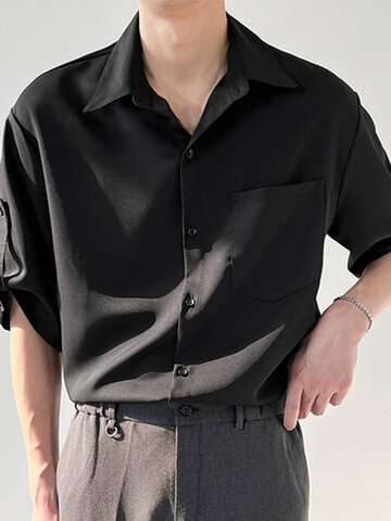 Mens Solid Roll-Up Lapel Collar Shirt
