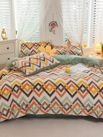 4PCS Warm And Plus Thick Velvet Print Geometric Pattern Bedding Sets Quilt Cover Bedspread Sheet Pillowcase