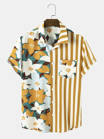 Floral Stripe Print Patchwork Shirts