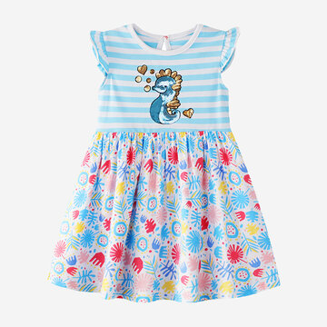 Girl's Sea Horse Striped Print Dress For 2-8Y