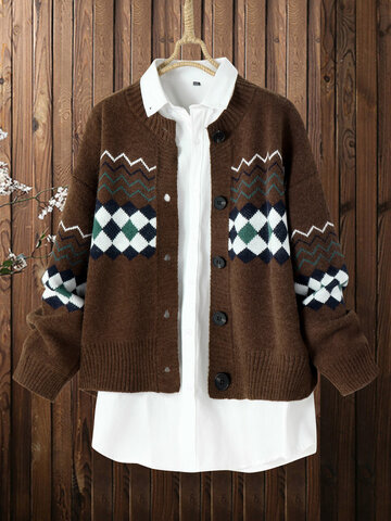 Geo Jacquard Button Knitted Cardigan