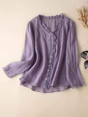 Cotton Solid Ruffle Button Blouse