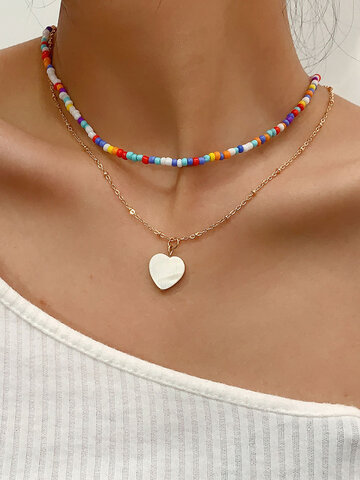 Heart Pendant Colorful Beaded Necklace