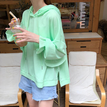

Sun Protection Clothing Women's Season New Ruffled Solid Color Loose Wild Trumpet Sleeves Chiffon Hooded Shirt Students