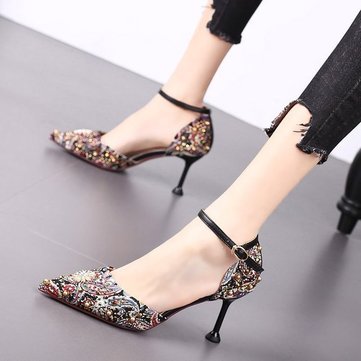 

Studded Word Buckle With High Heels Women's New European And American Hollow Pointed Stiletto Buckle Sandals Sexy