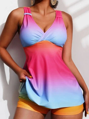 Women Contrast Ombre Color Ruffle Trim Pleats Quick Dry Swimsuit 