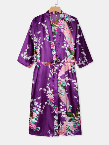 Floral Peacock Print Kimono Robes