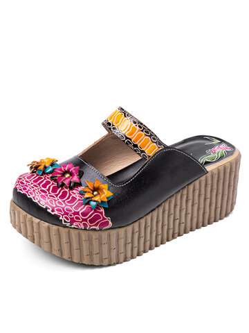 Socofy Vintage Floral Platform Sandals