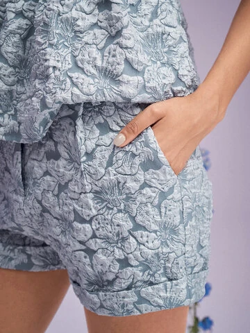 Flower Textured Pocket Rolled Hem Shorts For Women 