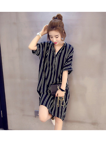 9718# Fat Sister Large Size Women's Vertical Stripes In The Long Section Shirt Single-breasted Short-sleeved Long Shirt Female Tide