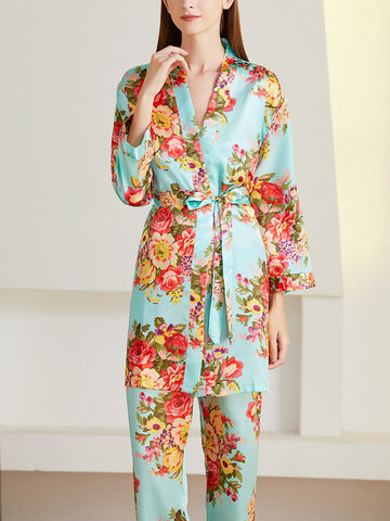 Conjuntos de pijamas de seda falsa com estampa floral