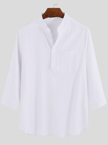 Linen Roll Sleeve Loose Henley Shirts