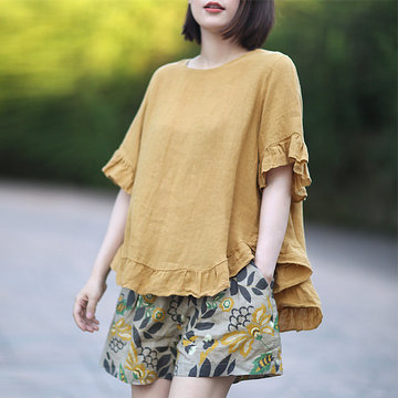 

Literary And Leisure 19 Seasons New Simple Solid Color Cotton And Linen Stitching Ruffled Loose Wild Short-sleeved Shirt 4328