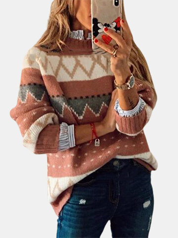 VintagePrinted Long Sleeve O-neck Sweater For Women