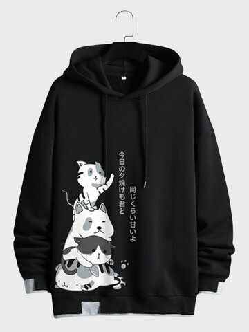 Japanese Cat Print Contrast Hoodies