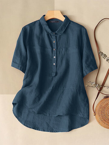 Solid High-low Hem Button Blouse