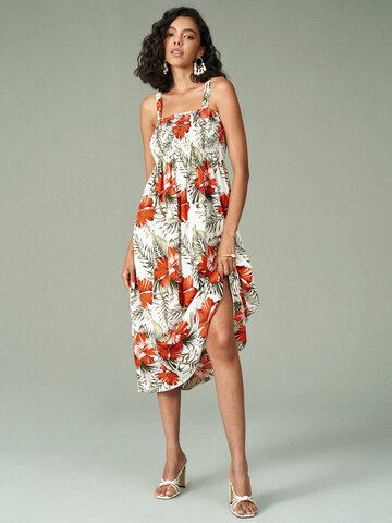 Tropical Flower Print Shirred Dress
