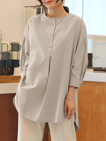Solid High-low Hem Loose Blouse
