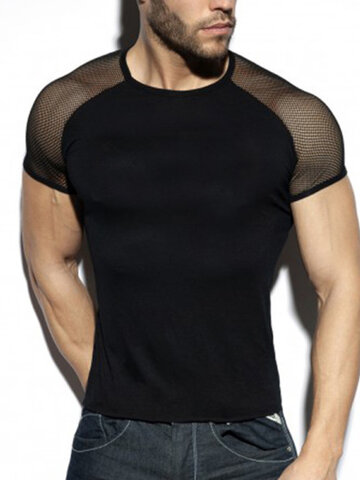 T-shirt à manches courtes en maille patchwork sexy pour hommes