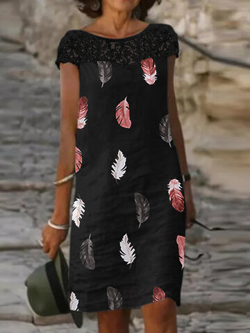 Lace Patchwork Feather Print Dress