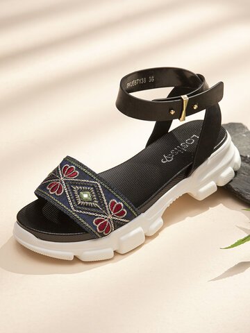 Flower Embroidered Platform Sport Sandals