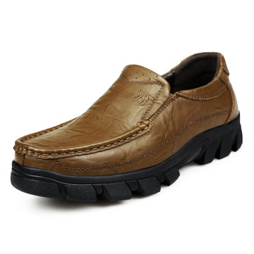 

Men Genuine Leather Classic Moc Toe Slip On Casual Shoes, Black brown khaki