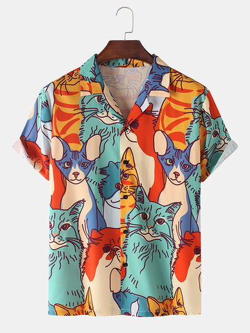 Multi-Color Cat Print Casual Shirts