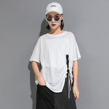 

Hong Kong Style Season New Women's High Cold Wind Round Neck Pull Rope Asymmetric Black And White Color Matching Loose Short-sleeved T-shirt Women