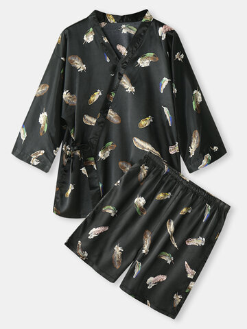 Feather Print Kimono Satin Pajamas